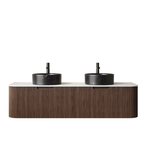 English Elm Dina 60 Inch Floating Bathroom Vanity Sintered Stone Top Dual Glass Basins Wood Grain Black,Carrara White,Walnut W2615S00714