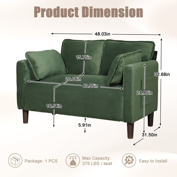 English Elm 48" Corduroy Compact Loveseat with Side Pocket Solid Wood Frame for Small Spaces Dark Green W2715P409866