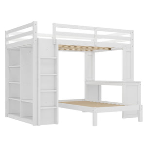 English Elm Queen Multifunctional Solid Wood Bunk Bed With Desk, Dismountable Twin Bed, Shelves & Wardrobe W1580S00214-GIGA
