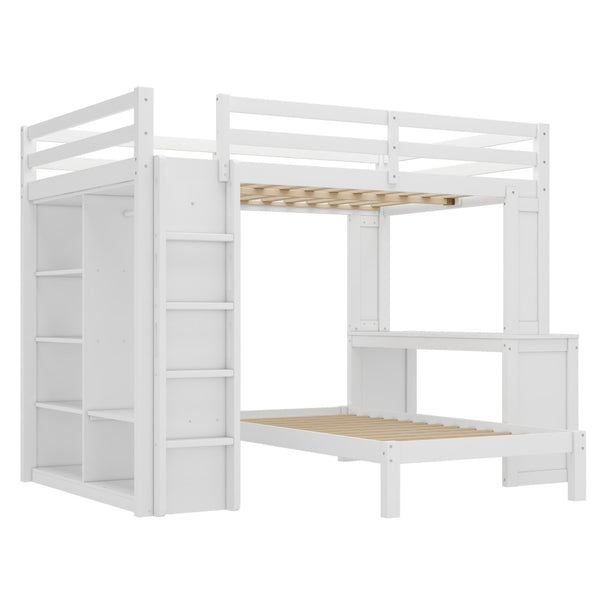 English Elm Queen Multifunctional Solid Wood Bunk Bed With Desk, Dismountable Twin Bed, Shelves & Wardrobe W1580S00214-GIGA