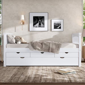 English Elm Twin Solid Wood Platform Bed with Trundle and Two Drawers, White Daybed for Kids Guests Off White W1580S00262