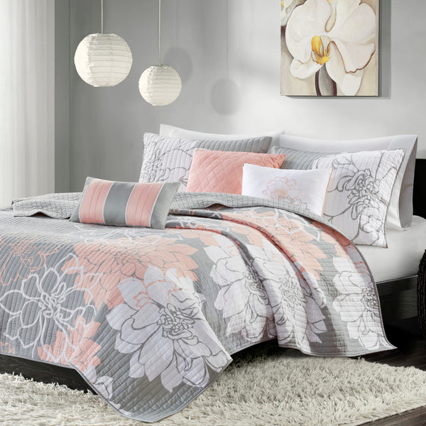 English Elm 6 Piece Madison Park Lola Reversible Cotton Quilt Set Full/Queen Grey Peach Floral OEKO-TEX Certified Elegance B03597570