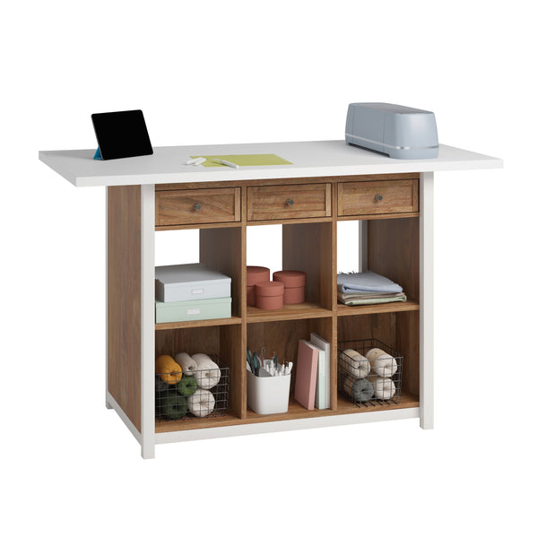 English Elm Work Table with Brown Melamine Top, 60x30x36in Sturdy Engineered Wood Workbench with Drawers & Shelves for Garage Studio B356P402743