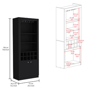 English Elm Nero 74-Inch Tall Bar Cabinet with 10-Bottle Cubbies, 16 Stemware Slots, 4 Shelves, Black B070P188833