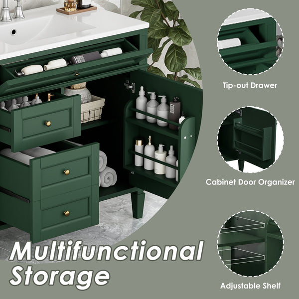 English Elm 36'' Modern Bathroom Vanity With Ceramic Top Sink, Soft-Close Drawers & Elegant Green Finish N710P230246F