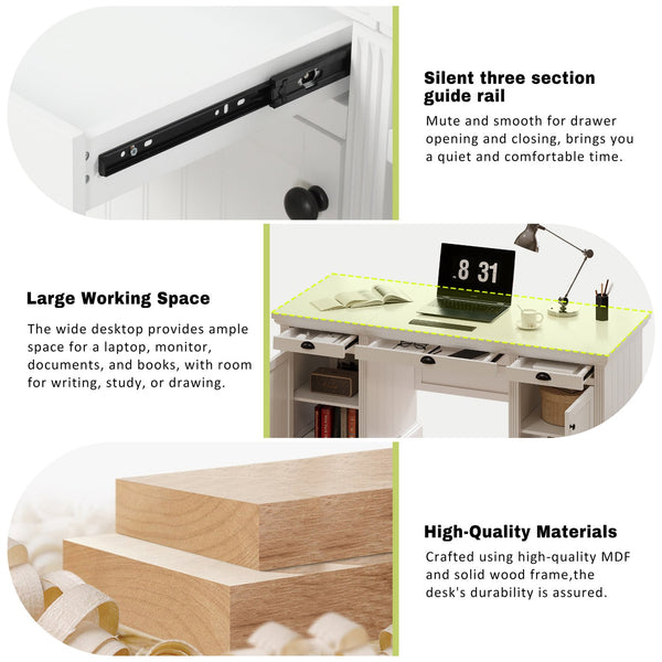 English Elm 67''Modern Executive Desk with 3 Drawers & 2 Cabinets, Spacious White MDF Workstation with Adjustable Shelves and Chic Vertical Edge Design for Home Office N751S211942K