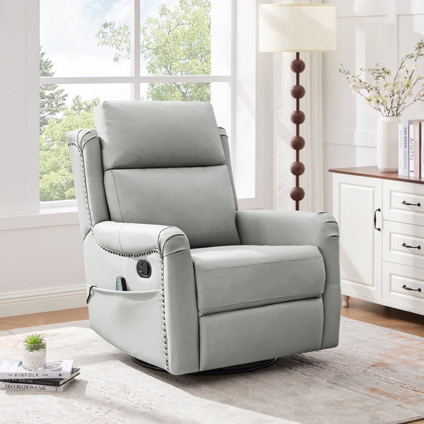 English Elm Modern Swivel Rocker Recliner Pu Leather Chair with Massage Heat and Storage Pocket Grey N763P399629E