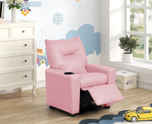 English Elm Evelyne Youth Pu Leather Recliner with Cupholder for Playroom or Bedroom Lounge Pink B2749P413213