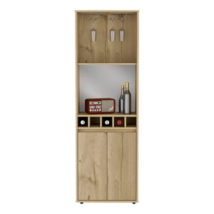 English Elm Bar Double Door Cabinet 70.8" High Light Oak Beige w/ 12-Glass Rack, 5 Bottle Cubbies & 2 Shelves B097S00154