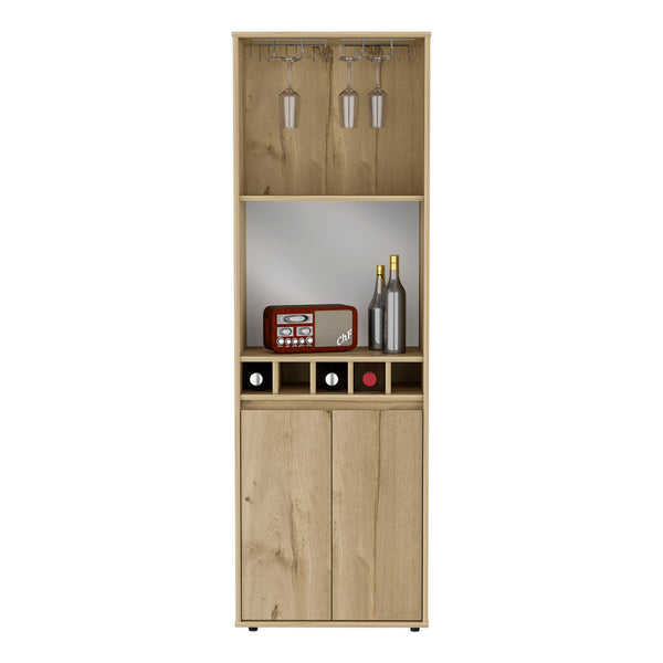 English Elm Bar Double Door Cabinet 70.8" High Light Oak Beige w/ 12-Glass Rack, 5 Bottle Cubbies & 2 Shelves B097S00154
