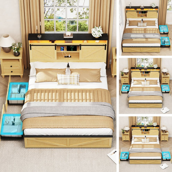 English Elm Farmhouse Full Size Bed Frame With Storage Headboard, Charging Station, Led Lights & Rustic Charm W1550P343683