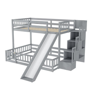 English Elm Twin Over Full Bunk Bed Solid Pine Frame with Built-in Slide and Storage Staircase Grey W504S00289