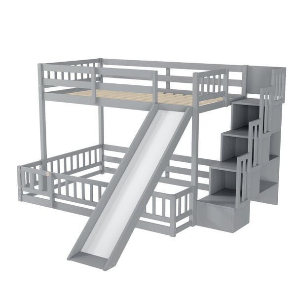 English Elm Twin Over Full Bunk Bed Solid Pine Frame with Built-in Slide and Storage Staircase Grey W504S00289