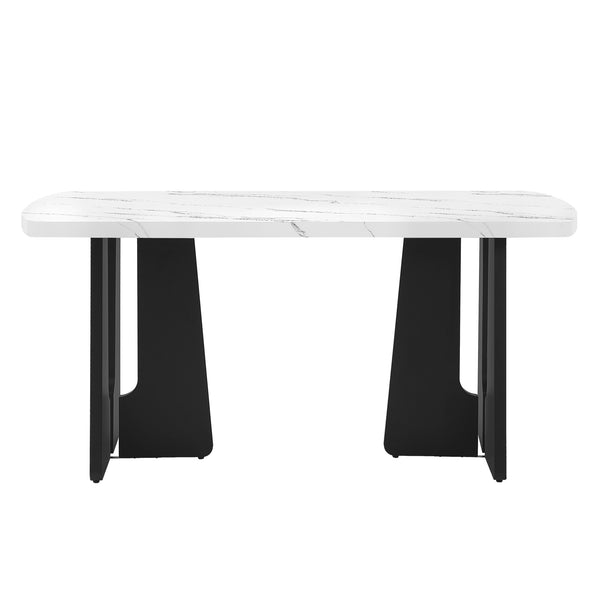 English Elm 63" Modern Faux Marble Dining Table with Geometric Rubberwood Legs, Durable 350lb Capacity, Easy Assembly White+Black N752P317333K