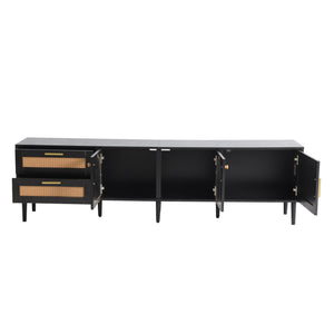 English Elm Rattan Black TV Stand with 3 Cabinets & 2 Rattan Drawers, LED Media Console, Cable Management, 80" N710P206015B