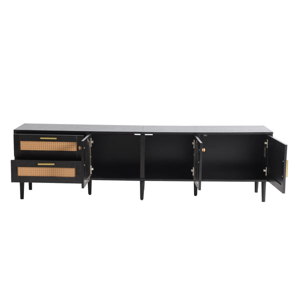 English Elm Rattan Black TV Stand with 3 Cabinets & 2 Rattan Drawers, LED Media Console, Cable Management, 80" N710P206015B