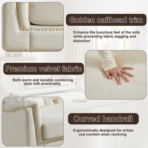 English Elm 3-seater and 2-seater Chesterfield Velvet Sofa Set with Tufted Back Gold Stud Trim Beige W1926S00102