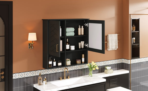 English Elm 2-in-1 Matte Wall Mounted Medicine Cabinet Soft Close Mirror Storage for Bathroom Vanity Black N710P389456B