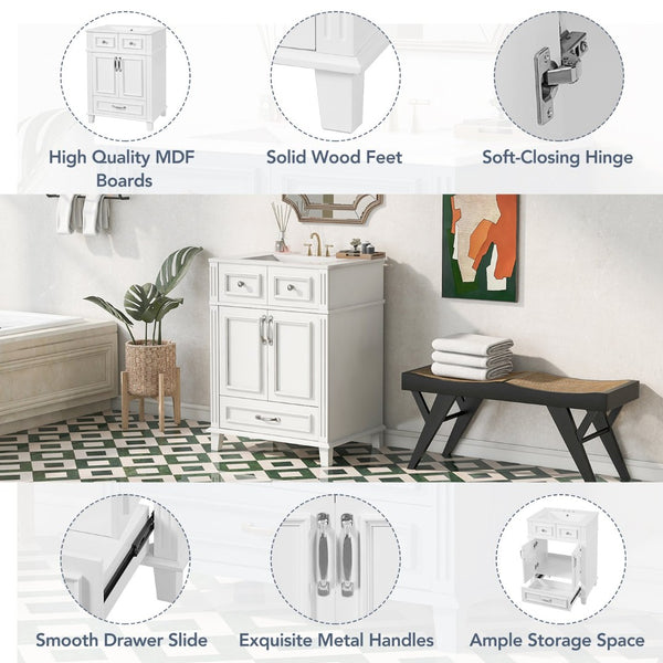 English Elm 24'' Retro Bathroom Vanity Solid Rubberwood Frame Ceramic Sink Soft Close Storage White N710P405405K