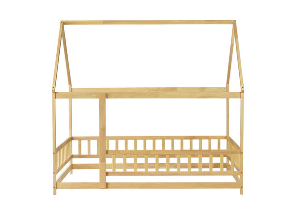 English Elm Twin House Shaped Floor Bed Solid Rubberwood Frame with Guardrails for Kids W504P370560