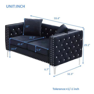 English Elm 59.4 Inch Wide Black Velvet Sofa With Glamorous Jeweled Tufting, 2 Pillows & Chrome Legs For Style W1117S00006