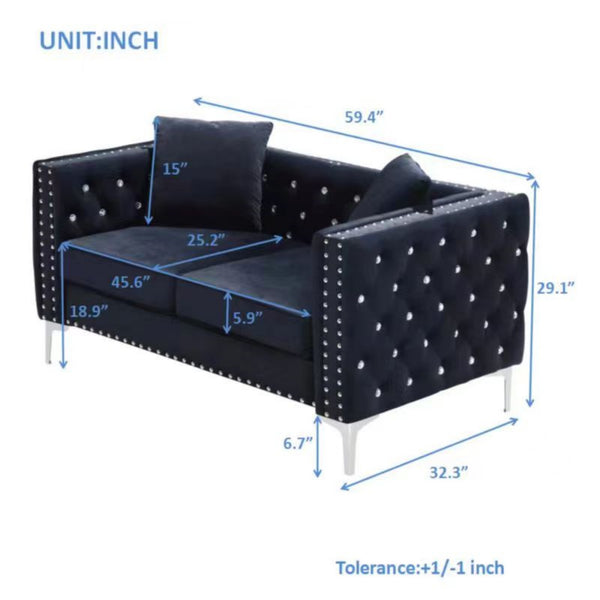 English Elm 59.4 Inch Wide Black Velvet Sofa With Glamorous Jeweled Tufting, 2 Pillows & Chrome Legs For Style W1117S00006