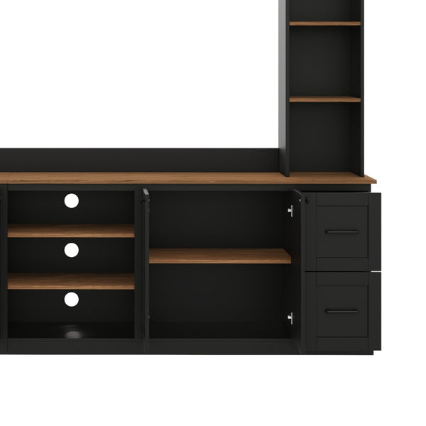 English Elm Unique Low Profile Media Console with Led Lighting Glass Shelves Fits Tvs to 105 Black N721S000077B