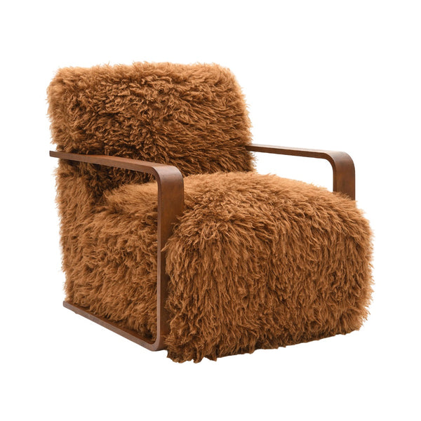 English Elm Camel Plush Faux Fur Accent Chair with Retro Curved Wood Arms, Tight Seat & Back, 28.3"W x 35.4"D B2741P401382
