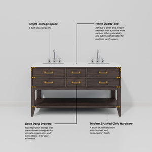 English Elm Brown Oak Double Bath Vanity With White Quartz Top & 28 In. Mirrors - Elegant Storage Solution! B2731S01632