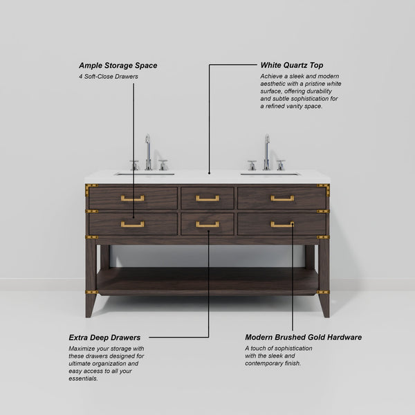 English Elm Brown Oak Double Bath Vanity With White Quartz Top & 28 In. Mirrors - Elegant Storage Solution! B2731S01632