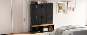English Elm Wood Entryway Hall Tree with Bench Seating Coat Hooks Shoe Cubbies Cabinet Black W5271S00003