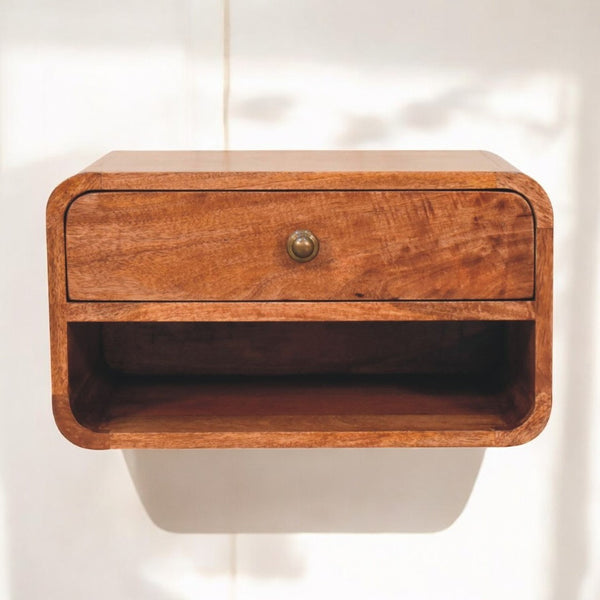 English Elm Solid Mango Wood Floating Nightstand with Drawer and Open Shelf for Modern Bedrooms B182P279194