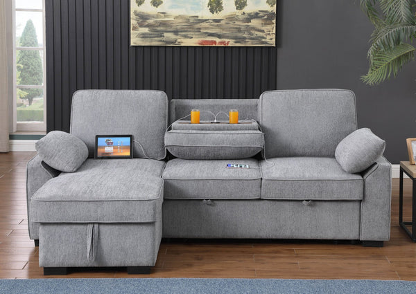 English Elm Marcello Chenille Sleeper Sectional with Reversible Chaise Storage and Charging Console Light Gray B2749S00163