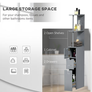 English Elm HOMCOM 54" Tall Bathroom Cabinet – Narrow Freestanding Linen Tower with Shelves, Drawers, Wall-Secure Gray W2225P173991