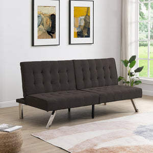English Elm WOOD Espresso Faux Linen Futon Sofa Bed with Stainless Legs — Multifunctional Reclining Sofa for Guests and Dorms W2297P283330