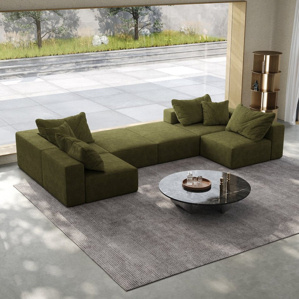 English Elm Oversized sponge cloud sofa modular 162" L-shaped sectional with chenille upholstery and 6 pillows, no-assembly comfort Green W834S00392