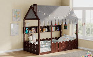 English Elm {slats Are Not Included} Twin Montessori House Floor Bed Kids Tent Lights Shelves Pinewood Frame Espresso N708P407962P