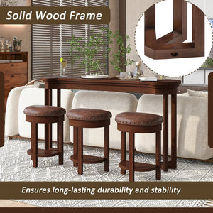 English Elm 4 Piece Bar Table Set with 3 Padded PU Stools, Solid Pine Legs, Oak Veneer Top, Rustic Rivet Accents Cherry W1202P289363
