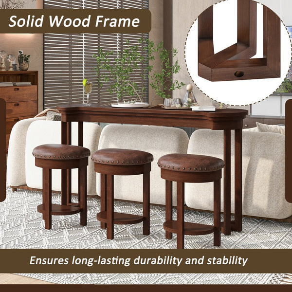English Elm 4 Piece Bar Table Set with 3 Padded PU Stools, Solid Pine Legs, Oak Veneer Top, Rustic Rivet Accents Cherry W1202P289363