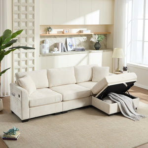 English Elm Modern Chenille L-shaped Sectional with Usb Charging Ottoman Storage Living Room Couch Beige W2120S00016