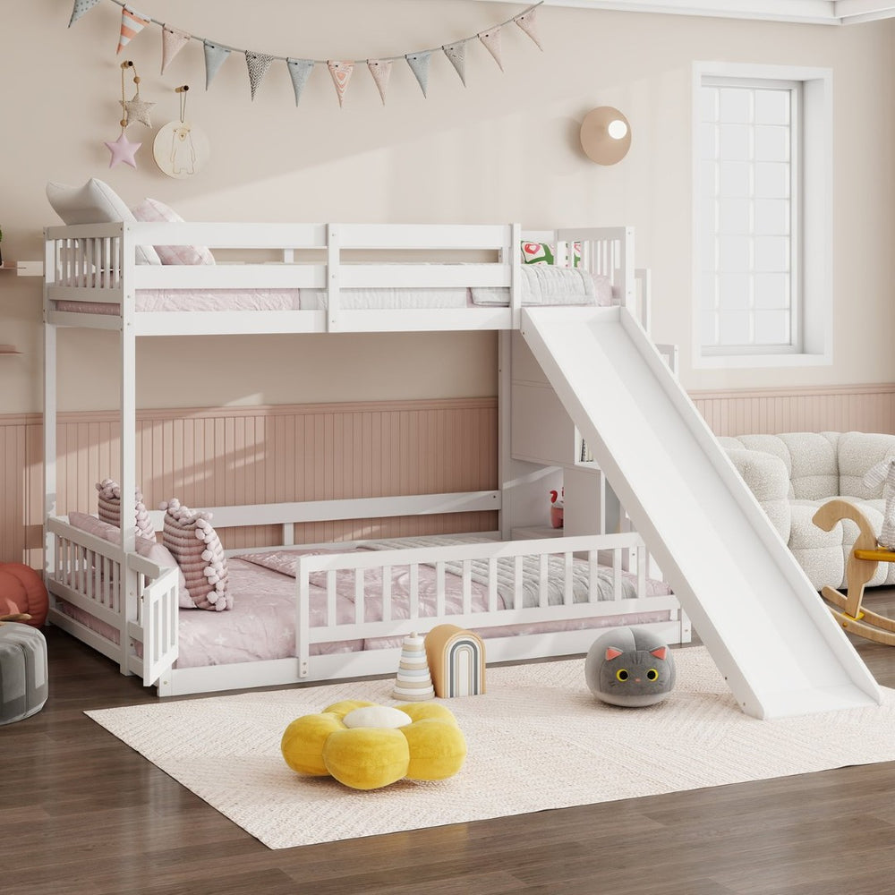 English Elm Twin Over Full Bunk Bed Solid Pine Frame with Built-in Slide and Storage Staircase White W504S00290