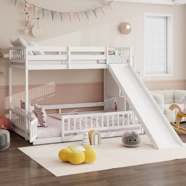 English Elm Twin Over Full Bunk Bed Solid Pine Frame with Built-in Slide and Storage Staircase White W504S00290