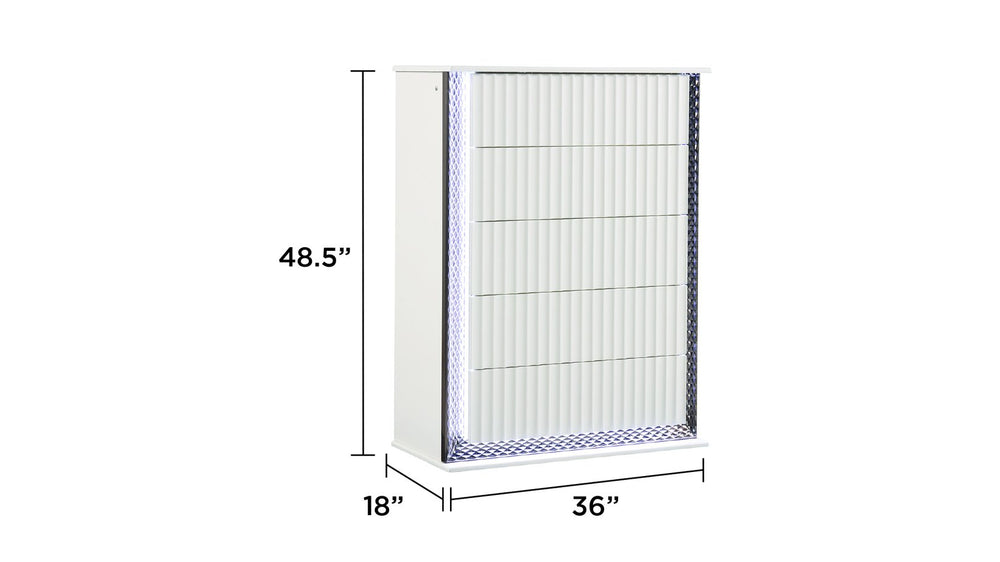 English Elm Fabio Contemporary 5-Drawer Chest with Diamond Side Accents, LED Lighting, Velvet-Lined Top Drawer, White Finish G150109122