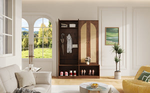 English Elm [Assembly Video] Farmhouse Widen Hall Tree with Rattan Doors, 4-in-1 Bench with 6 Hooks, Shoe Storage and Adjustable Shelves for Entryway (55.1") Walnut N721P297555D