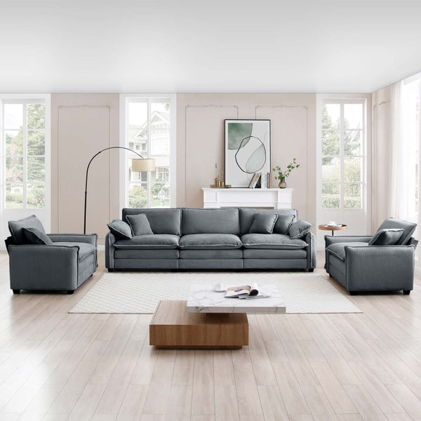 English Elm Warm And Cozy Sofa Set - Plush Grey Corduroy 3-Seater With 2 Single Sofas, Perfect For Movie Nights! W714S00746-GIGA