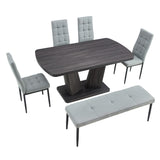 English Elm 63" Modern Style 6-Piece Dining Table With 4 Chairs & 1 Bench, Table With Wood Veneers Tabletop and V-Shaped Table Legs