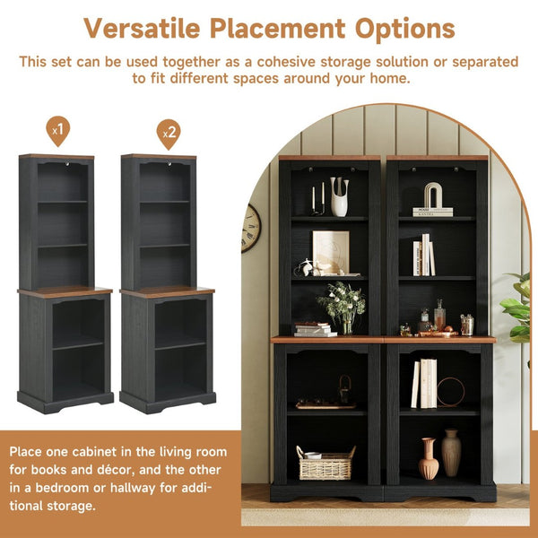 English Elm On-trend Two Piece Walnut Veneer Freestanding Bookcase Set with Curved Sculptural Black N721P394507B