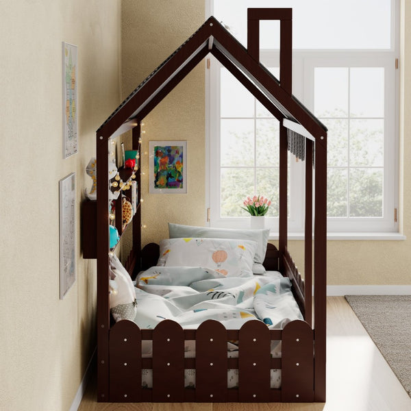 English Elm {slats Are Not Included} Twin Montessori House Floor Bed Kids Tent Lights Shelves Pinewood Frame Espresso N708P407962P