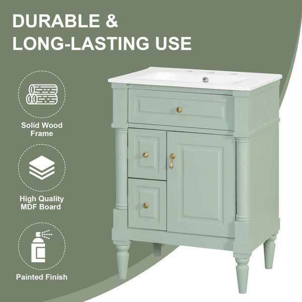 English Elm 24 Inch Freestanding Vanity with Ceramic Sink Rubberwood Frame Matte Finish Storage Green N725P356058F