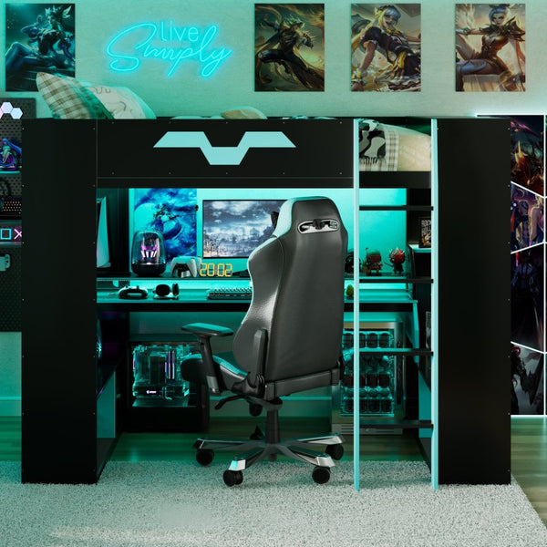 English Elm Full Size Gaming Loft Bed with Rgb Lighting Built-in Desk and Usb Charging Ports Blue LT000275AAC